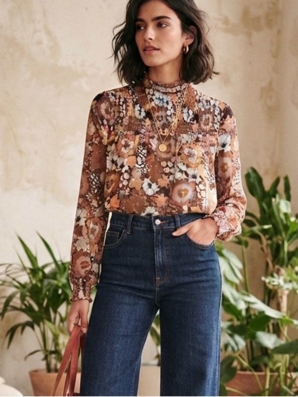 Floral Smocked Neck Long-Sleeve Top - Brown